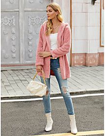 Coat Daily Fall Winter Long Coat Loose Sophisticated Jacket Long Sleeve Solid Colored Blushing Pink / Going out