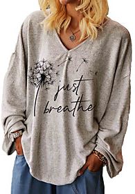 Plus Size Tops T shirt Graphic Letter Long Sleeve V Neck Fall Summer Gray Big Size L XL 2XL 3XL / Loose