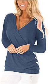 plus size waffle knit top,casual wrap tops long sleeve side button v neck tunics blouse (grey, large)