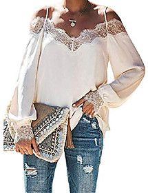 Lace Blouse Cold Shoulder Tops V Neck Long Sleeve Spaghetti Strap Chiffon Shirt(White,XL=UK 16)