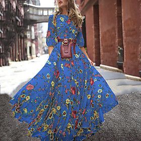Maxi long Dress Swing Dress Blue Green White 3/4 Length Sleeve Patchwork Print Floral Print Round Neck Spring Summer Going out vacation dresses Elegant