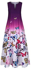 Plus Size A Line Dress Maxi long Dress Blue Purple Sleeveless Butterfly Color Gradient Print Summer V Neck Hot Casual 2021 XL XXL 3XL 4XL 5XL