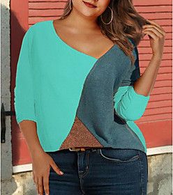 Plus Size Tops Color Block Long Sleeve Crew Neck Spring Summer White Blue Red Big Size XL XXL 3XL 4XL