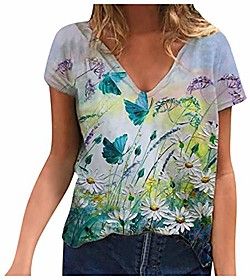 plus size women short sleeve t-shirt butterfly printed v-neck tops casual loose fit tee blouse white