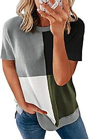 bdcoco women's short sleeve color block blouse tops crewneck loose casual tee t-shirt plus size