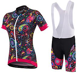 Malciklo Women's Short Sleeve Cycling Jersey with Bib Shorts Black OrangeWhite White Floral Botanical Plus Size Bike Clothing Suit Breathable 3D Pad Quick Dry