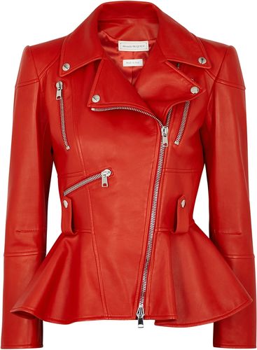 Red peplum leather biker jacket