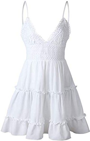 Vestito da Donna con Arco, Volant e Orlo Smocked, a Canottiera, Mini Abito da Spiaggia, Senza Maniche Pattinatore Vestito Festa Vestiti Casual Prendisole in Pizzo (Bianco, EU/38/M)