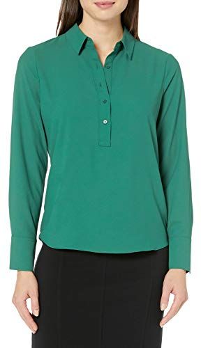 Long Sleeve Popover Collared Blouse Dress-Shirts, Verde (Emerald), US 4 (EU S)