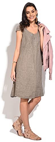 Abito Lungo Collo Tondo con Pieghe Frontali e Maniche Corte Casual Dress, Beige, S Womens