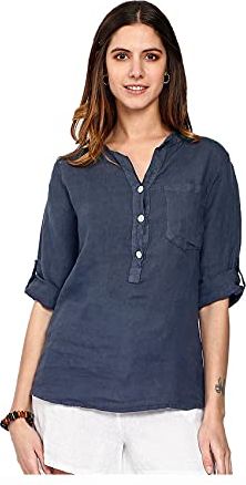 Camicia Tunica in Puro Lino con Tasche Lunghe Shirt, Marino, L Womens