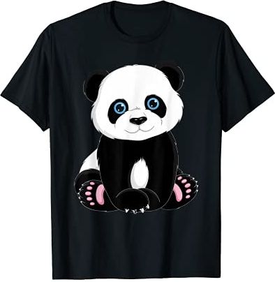 Bella panda con immagine di cartone animato Blue Eye, seduta, con zampa rosa Maglietta
