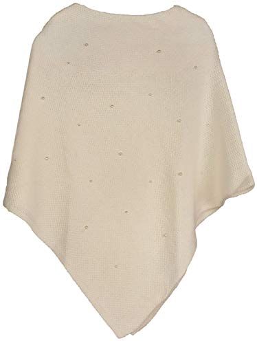 Poncho da Donna in Maglia fine con Applicazione di Perle, Girocollo 08010056, Colore:Beige