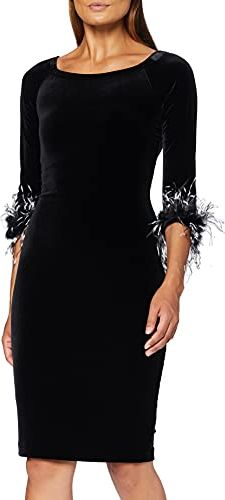 Velvet Feather Trim Dress Vestito da Cocktail, Nero, 54 Donna