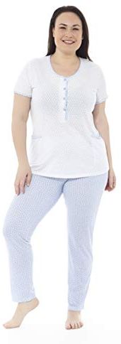 Pigiama Estivo da Donna Taglie Forti. Maniche Corte e Pantalone Lungo Taglie Forti Taglie 66. Blu e Bianco