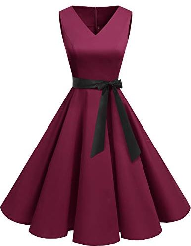 Donna Anni '50 Abiti Vintage V-Neck Retro Cocktail Audrey Vestito Burgundy 2XL