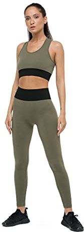 Leggings Donna-Shiny Ribbed Sportivo, Olive/Black, Regular