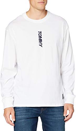 Tommy Jeans Tjm Longsleeve Vertical Logo Tee Camicia Sportiva, Bianco (White Ybr), Medium Uomo