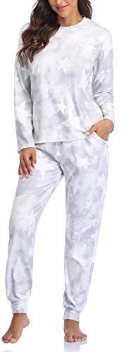 Abbigliamento Donna Tie Dye Pigiama Girocollo Maniche Lunghe Top e Pantaloni Eleganti con Elastico in Vita Due Pezzi (Grigio M)