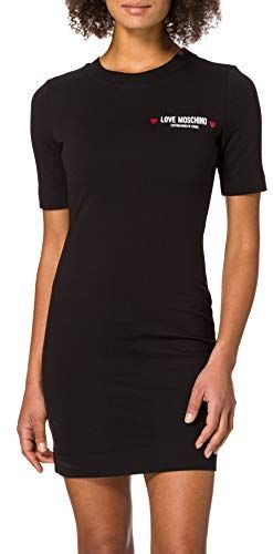 Soft Stretch Cotton Fleece Fitted Dress with Elbow Length Sleeves And Round Neck Abito Casual, Nero, 48 Donna