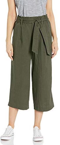 Washed Linen Blend Paper Bag Waist Crop Pant Pantaloni, Verde Oliva, 46