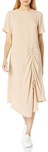 The Drop, Georgina, Abito Midi in Raso Opaco, a Maniche Corte, con Arricciatura Frontale, Beige, S