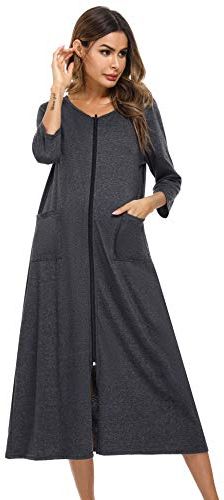 Accappatoio Donna in Cotone con Cerniera, Morbido Manica a 3/4 Vestaglie Kimono Donna Lungo, Leggero Camicia da Notte in Maglina, Pigiama con Tasche Autunno Invernale,Taglia Larga,Grigio,s