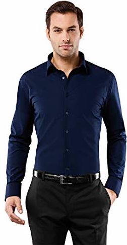 Camicia Uomo Eleganti, Taglio Aderente/Slim-Fit, Collo Classico, Manica Lunga, in Tinta Unita - Non Stiro/Non-Iron Blu Scuro 43-44