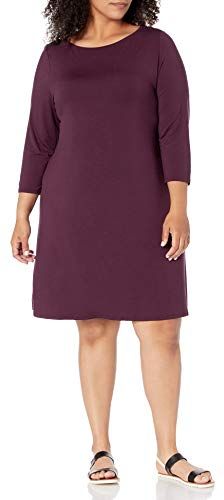 Plus Size 3/4 Sleeve Boatneck Dress Vestito, Bordeaux, Motivo Scozzese, XXL