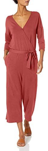 Supersoft Terry Relaxed-Fit Elbow-Sleeve Overlap Jumpsuit Pantaloni, Mattone, 44-46