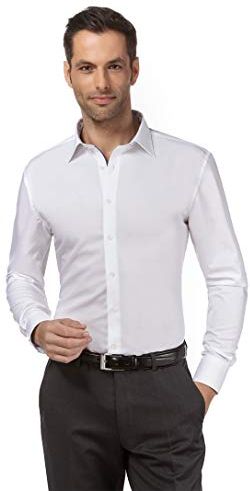 Camicia Uomo Eleganti, Taglio Aderente/Slim-Fit, Collo Classico, Manica Lunga, in Tinta Unita con Inserti in Contrasto - Non Stiro/Non-Iron Bianco/Blu Ghiaccio 39-40