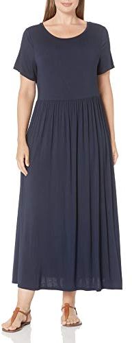 Short-Sleeve Waisted Maxi Dress Vestito, Blu Marino, Motivo Scozzese, XL Plus