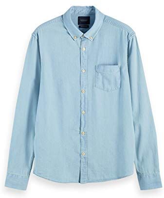 Ams Blauw 1 Pocket Organic Denim Shirt with Patterned Pochet Camicia, Bleached Indigo 0727, M Uomo