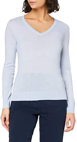 Marchio Amazon - MERAKI Pullover Lana Merino Donna Scollo a V, Blu (Light Blue), 50, Label: XXL