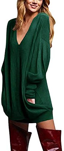 Donna Maglia Manica Lunga Taglie Forti Scollo V Sexy Vestito Maglione Camicetta Pullover Lungo Verde* L