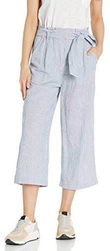 Washed Linen Blend Paper Bag Waist Crop Pant Pantaloni, Mini Strisce Blu, 44-46