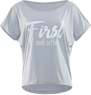 Damen Ultra leichtes Modal-Kurzarmshirt MCT002 mit weißem „First I Need Coffee” Glitzer-Aufdruck T-Shirt, Grigio Freddo-Bianco, XL Donna