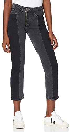 Marchio Amazon - find. Jeans Dritti con Pannelli e Zip Donna, Nero (Dark Grey), 28W / 32L, Label: 28W / 32L