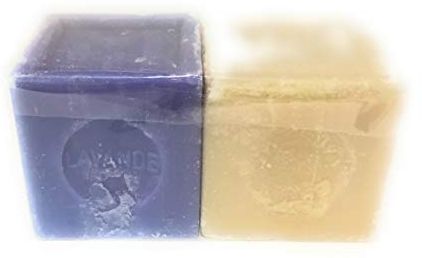 Marca Provence, set di due saponi di Marsiglia Cube, 2 x 300 g, sapone bianco e sapone alla lavanda.