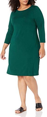 Plus Size 3/4 Sleeve Boatneck Dress Vestito, Verde Giada, Motivo Scozzese, XL