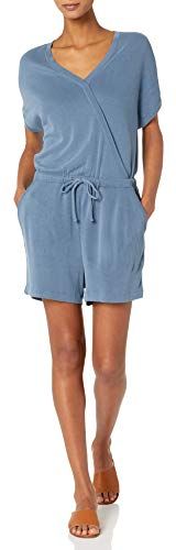 Sandwashed Modal Blend Short-Sleeve Overlap Romper Pantaloncini, Blu Slavato, XXL