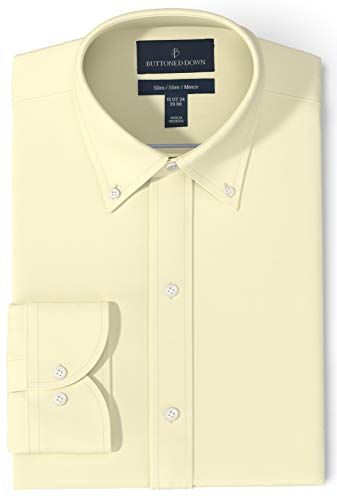 Marchio Amazon - Buttoned Down Slim Fit Bottone-Collare Pinpoint Non Stirare Abito Camicia Dress-Shirts, Giallo Chiaro, 14.5" Neck 33" Sleeve