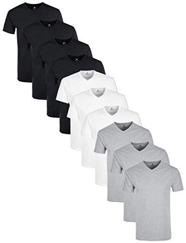 mit mit V-Ausschnitt T-Shirt, Mehrfarbig Schwarz/Weiß/Grau Melange), Large (Herstellergröße: L), 10er-Pack
