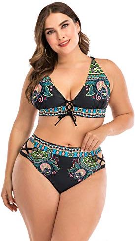 Donna Bikini a Vita Alta Imbottito Taglie Forti Costume da Bagno Due Pezzi Costumi Donna Mare (Large, nero-5074)