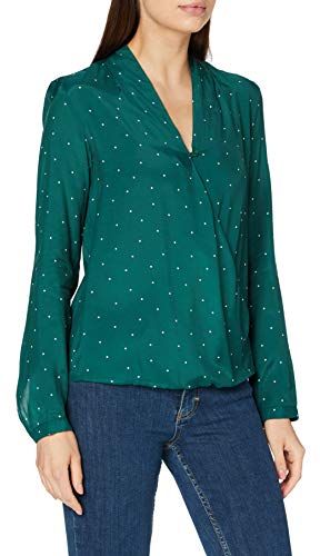 Wickelbluse Langarm Gepunktet Camicia da Donna, Verde-Bianco, 46