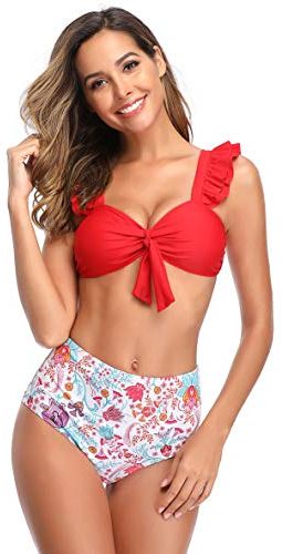 Costume da Bagno Donna Halter Top Adorabile A Balze Tracolla Bikini Imbottito Costumi Donna Mare Due Pezzi Elegante A Vita Alta Stampato Bikini Fondo Beachwear (M, Rosso)