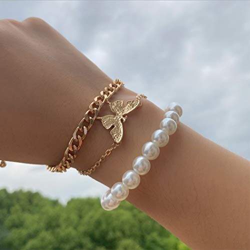 Set di 3 braccialetti con perle e farfalle, in stile boho, con catena a mano, regolabile, accessori per la mano, confezione da 3