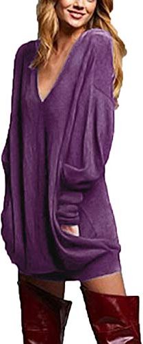 Donna Maglia Manica Lunga Taglie Forti Scollo V Sexy Vestito Maglione Camicetta Pullover Lungo Viola* 3XL