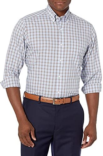 Classic Fit Button Collar Pattern Dress Shirt Camicia, Blu (Blue/Brown Plaid), 14.5" Neck 32" Sleeve