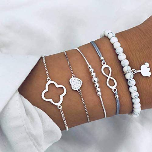 Set di 5 braccialetti a forma di cerchio, con perline in argento, per donne e ragazze